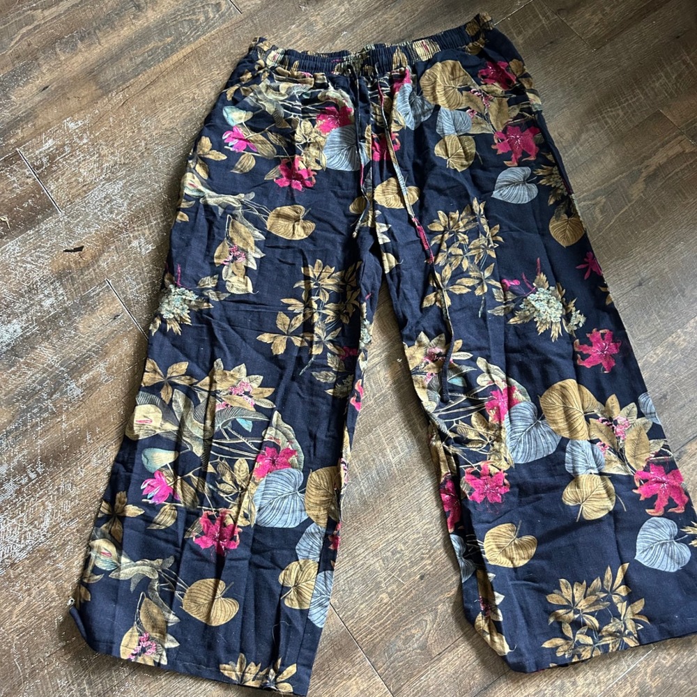 Zanzea Collection Navy Tropical Floral Wide Leg Drawstring Pants 4XL Plus Size